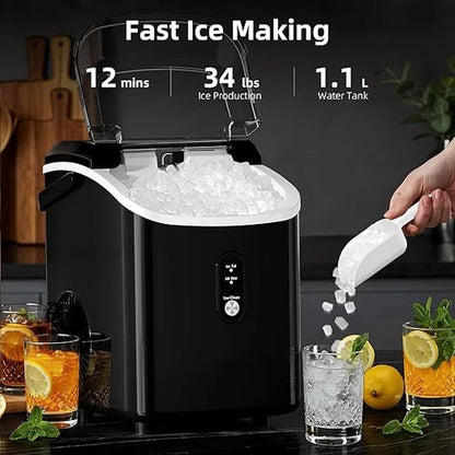 Nugget Ice Maker Countertop, 34Lbs/24H with Self-Cleaning Function, Portable Sonic Ice Machine for Home/Office Stainless Steel Black