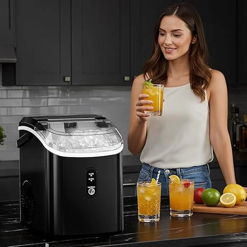 Nugget Ice Maker Countertop, 34Lbs/24H with Self-Cleaning Function, Portable Sonic Ice Machine for Home/Office Stainless Steel Black