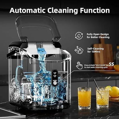 Nugget Ice Maker Countertop, 34Lbs/24H with Self-Cleaning Function, Portable Sonic Ice Machine for Home/Office Stainless Steel Black